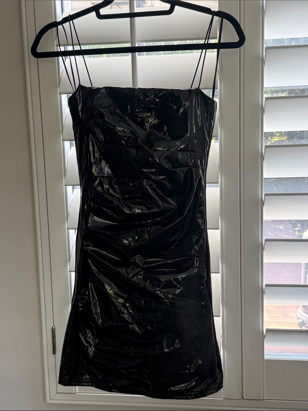 Hot Miami Styles Black Patent Mini Dress with Spaghetti Straps